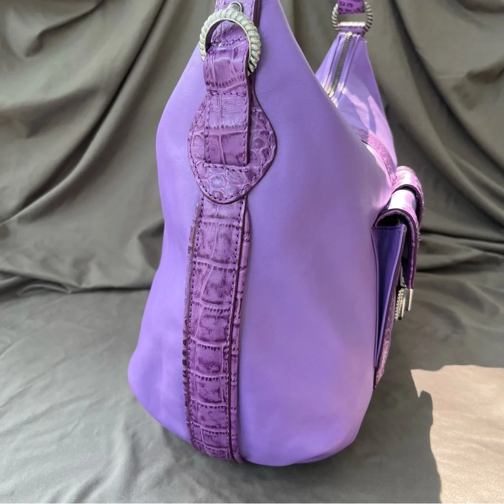Judith Ripka Purple Leather CROCO Embossed Pewter Wrap Pocket Hobo Shoulder Bag - Picture 3 of 16